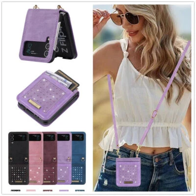 Case For Samsung Galaxy Z Flip 5 4 Bling Leather Wallet Cards Strap Phone Cover - Image 1 of 4