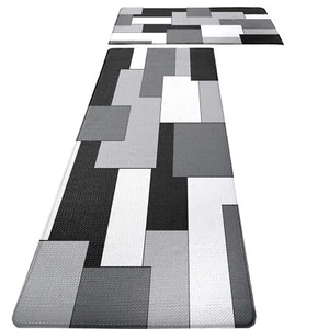 White Grey Black Kitchen Rugs and Mats Set of 2 Modern Abstract Art Cushioned... - Picture 1 of 7