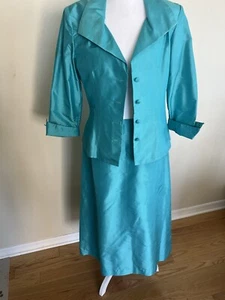 Marisa Baratelli Turquoise Thai Silk Evening Dressy Suit Jacket & Skirt Size 8 - Picture 1 of 15