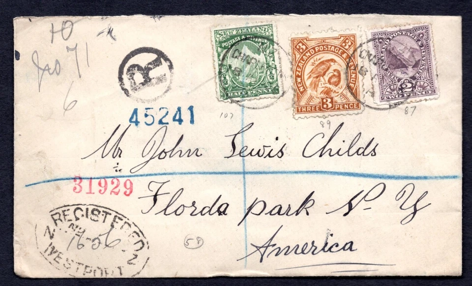 NEW ZEALAND 1906 REGISTERED "WESTPOINT" FROM CHARLESTON TO FLORIDA - Image 1 of 2