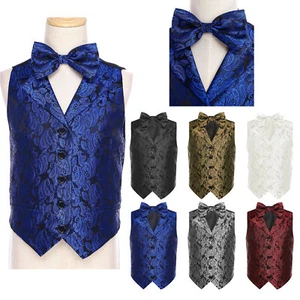 Kids Boys Bow Tie and Suit Vest Set Sleeveless Jacquard Waistcoat for Party - Picture 1 of 41
