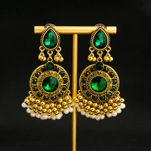 Luxury Golden Stud Earrings for Women Vintage Green Red Zircon Drop Earrings - Picture 1 of 12