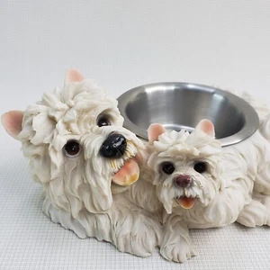 Westie White Terrier Hundenapfhalter realistisch Harz Mama Hund mit Welpe Metallnapf - Bild 1 von 20