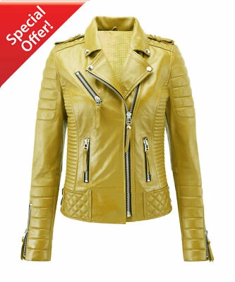 Женская стильная желтая кожаная куртка из натуральной овечьей кожи мотоциклетная куртка - Изображение 1 из 4