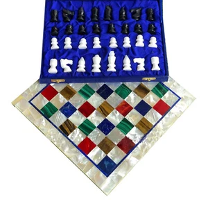 White Marble Top Chess Set Board Mop Gemstone Inlay Mosaic Arts Best Gifts Decor - Picture 1 of 5