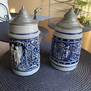Pair Of Vintage Blue And White Lidded Beer Steins 7.5”. Collectible Pieces. - Picture 1 of 6