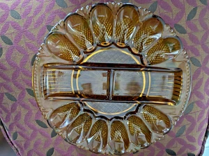 Vintage Amber Glass Deviled Egg & Relish Plate 11” Vintage - Picture 1 of 6