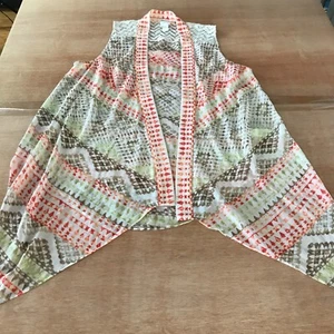 Chico's Cardigan Women Size 1 Brown Geometric Open Front Sleeveless Bead Accent - Picture 1 of 12