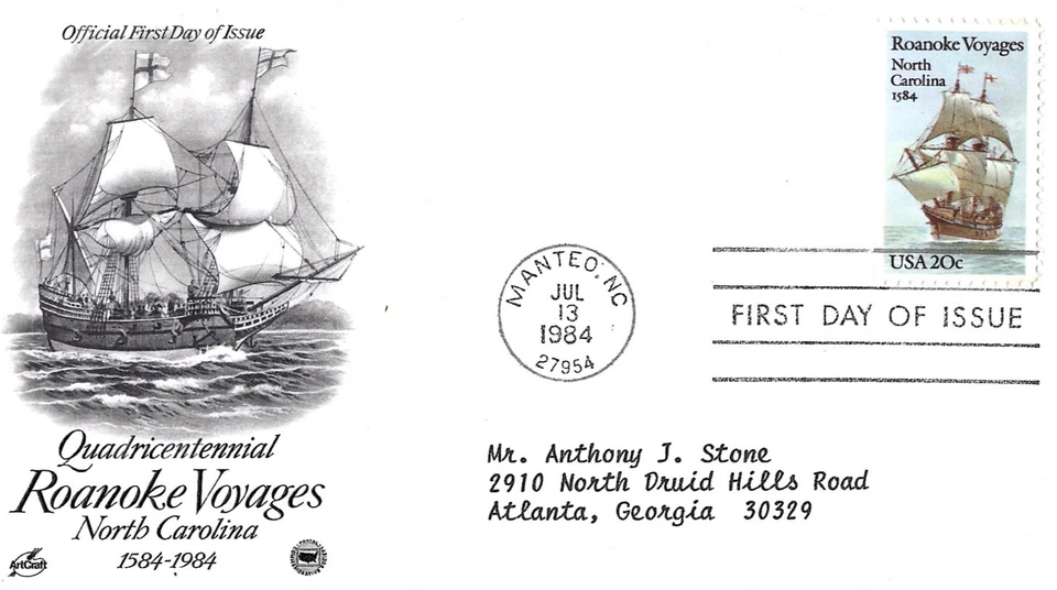 USPS Roanoke Voyages July 13 1984 #2093 FDC Artcraft Vintage - Image 1 of 1