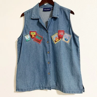 Vintage 90s Embroidered Garden Seed Button Up Chambray Tank Blue Size XL - Image 1 of 4