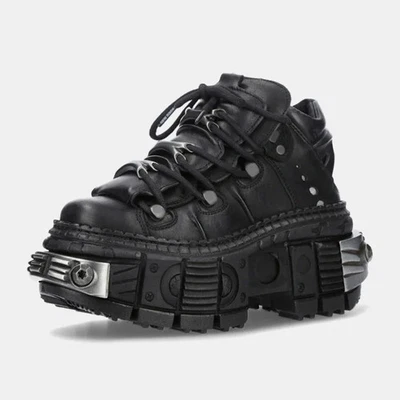 Scarpe con suola tank retrò alla moda stivali alti in metallo stile punk platform neri - Immagine 1 di 4
