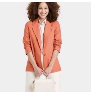 A New Day Sz XS Coral Orange Single Button Linen Blazer Cardigan Relaxed Pockets - Picture 1 of 3