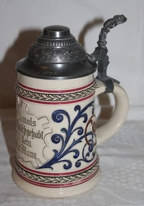 alter Keramik Humpen mit Spruch - Zinndeckel - 1892 - Jugendstil - Bild 1 von 10