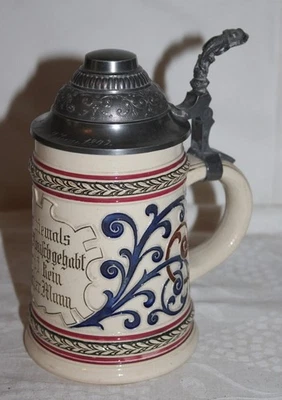 alter Keramik Humpen mit Spruch - Zinndeckel - 1892 - Jugendstil - Bild 1 von 4