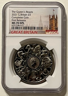 2021 UK Queen's Beasts - Completer £5 BU Coin NGC MS70 DPL First Releases - Image 1 of 4