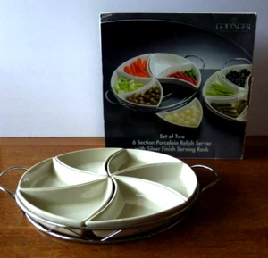 Set of 2 Godinger Ceramic Relish Servers;  6 sections each, Chrome Plated Racks - Picture 1 of 15