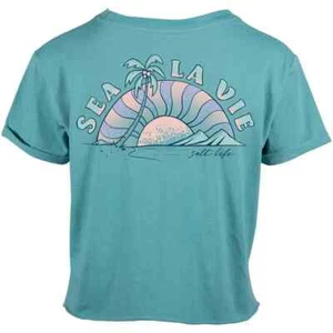 Salt Life Size Medium Womens Teal Blue T-Shirt Raw Hem Sea La Vie Cropped - Picture 1 of 6