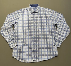 Bugatchi Shirt Mens Medium Classic Fit Blue White Plaid Office Career Dress Uomo - Picture 1 of 10
