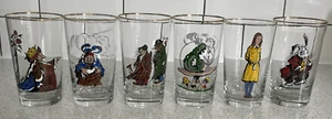 PINT GLASSES x 6 ENAMEL HANDPAINTED ALICE IN WONDERLAND / THROUGH LOOKING GLASS - Picture 1 of 16