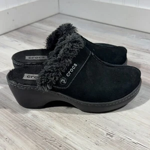 Crocs Suede Mule Clogs Women's Size 8 Black Suede Faux Fur Wedge Heel - Picture 1 of 7