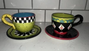 2 Joyce Shelton Tea Party Geschenk Handwerk Keramik Tee Kaffeetassen bunt EUC! - Bild 1 von 5