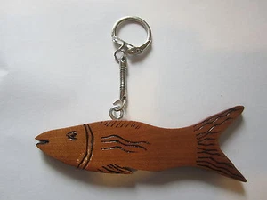 ONE OF A KIND HOMEMADE  CHERRY WOOD FISH KEY CHAIN SNAKE STYLE KEY CHAIN - Picture 1 of 5