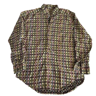 90s Y2K BUTTON DOWN SHIRT MENS L MULTICOLOR CHECK WOVEN COTTON LONG SLEEVE - Image 1 of 4