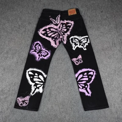 Jeans Levis Para Hombres 30x30 Negro 505 Personalizado Pintado a Mano Arte Mariposa Gráfico Denim Foto 1 de 4