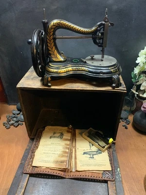 Antique Jones Serpentine, Swan Neck or Cat Back Sewing Machine with Case Manual - Image 1 of 4