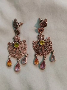 Beautiful Sterling Silver And Marcasite Chandelier Earrings With Real Gemstones - Picture 1 of 6