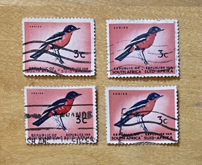 South Africa Stamp Lot Of 4 Shrike Bird Laniarius atrococcinus 1960’s 3c Used - Image 1 of 2