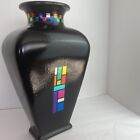 Black Vase w/Applied Dichroic Colorful Details Signed by Artist Large 16"T Top89
