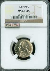 1987 P JEFFERSON NICKEL NGC MS66 FS PQ 2ND FINEST GRADED MAC SPOTLESS  . - Picture 1 of 4