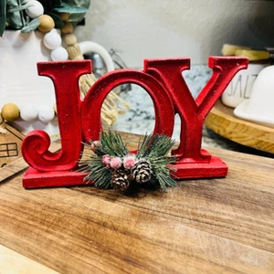 Red Metal Christmas Joy Tabletop Shelf Decor - Picture 1 of 3