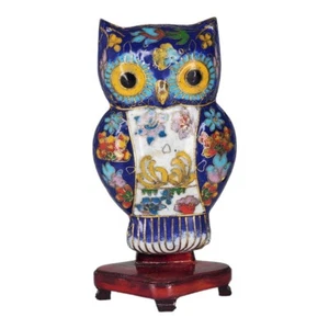 Cloisonne Eule Emaille bunte chinesische Plakette auf Holzständer - Bild 1 von 7