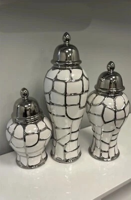 Elegante jarrón blanco y plateado: una obra maestra atemporal conjunto de 3 multicolores Foto 1 de 2