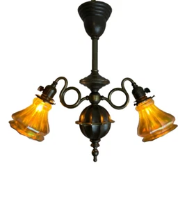 1910-20s Victorian brass 2 light pendant fixture - Picture 1 of 21