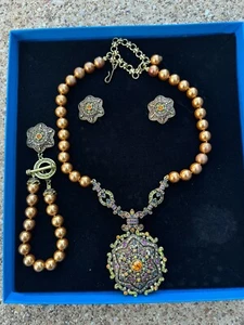 Heidi Daus "Unforgettable Lavaliere" Beaded Locket Drop SET Crystals Copper - Picture 1 of 19