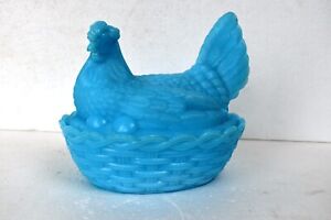 Vintage Vallerysthal French Hen Dish Opaline Chicken On Nest Butter Bowl Blue "K