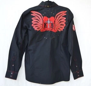 EL GENERAL Western Charro Cowboy Black embroidered Long sleeve Men's Shirt Sz M - Picture 1 of 6