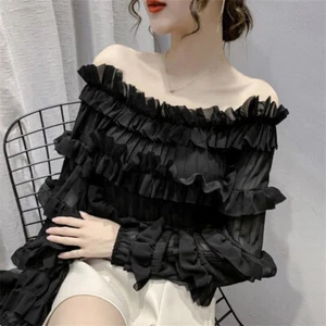 Women Solid Off Shoulder Ruffled Blouse Lolita Puff Sleeve Top Shirt Sexy Club - Picture 1 of 12