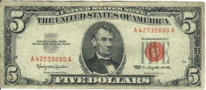 1963 5$ United States Note - Red Seal Right, KOG/CDD A42535680A - #13565 - Picture 1 of 2