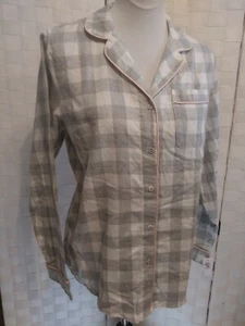 Gilligan And O'Malley Women's Gray White Checked Peach Trimmed Pajama Top Sz Sm - Picture 1 of 12