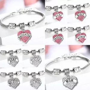 Heart Crystal Rhinestone Mom Family Chain Pendant Bracelet Christmas Gift Mother - Picture 1 of 46