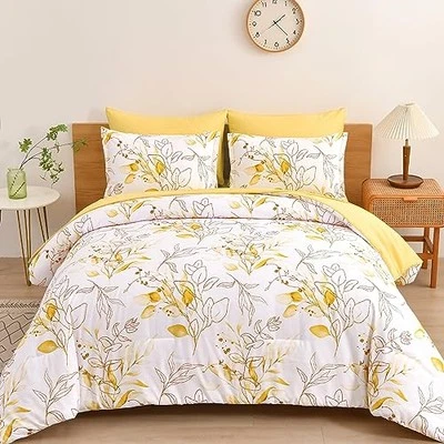  Juego de Edredón Botánico Amarillo Queen, 7 Piezas Cama Floral en Bolsa Gloden  Foto 1 de 4