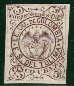 COLOMBIA States *TOLIMA* Stamp 5c Brown (1871) EAGLE Mint MNG BIRDS ORANGE140 - Picture 1 of 4
