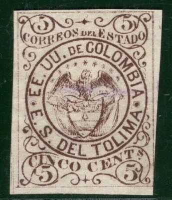 COLOMBIA States *TOLIMA* Stamp 5c Brown (1871) EAGLE Mint MNG BIRDS ORANGE140 - Image 1 of 4