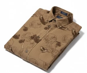 Woolrich Flannel Shirt Dark Wheat Fishermen Mens Medium All Over Print Button Up - Picture 1 of 8