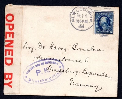US 1916 WWI TO GERMANY CENSORED TRANSATLANTIC COVER  BY AMERICAN AVA - Image 1 of 2