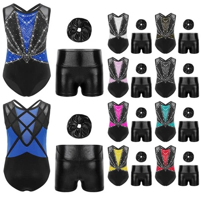 UK Girls Sleeveless Sparkly Gymnastics Leotard Ballet Dance Unitard Jumpsuit Set - Image 1 of 3